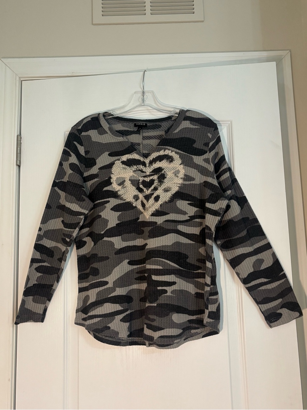 TORRID Gray & Black Camo Knit Sweater with Cream Heart
